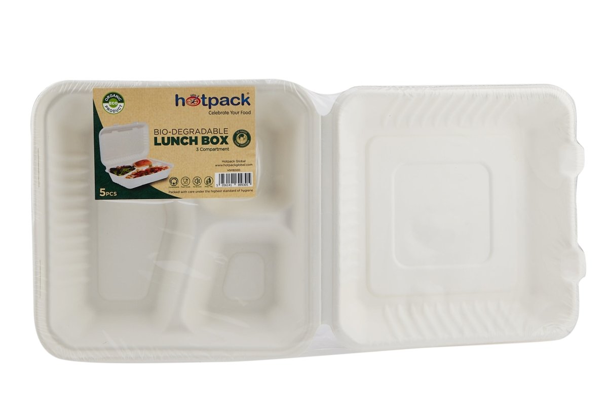 Bio degradable Lunch box in 3 compartment 5 Pieces - hotpackwebstore.com - Biodegrdable Lunch Boxes