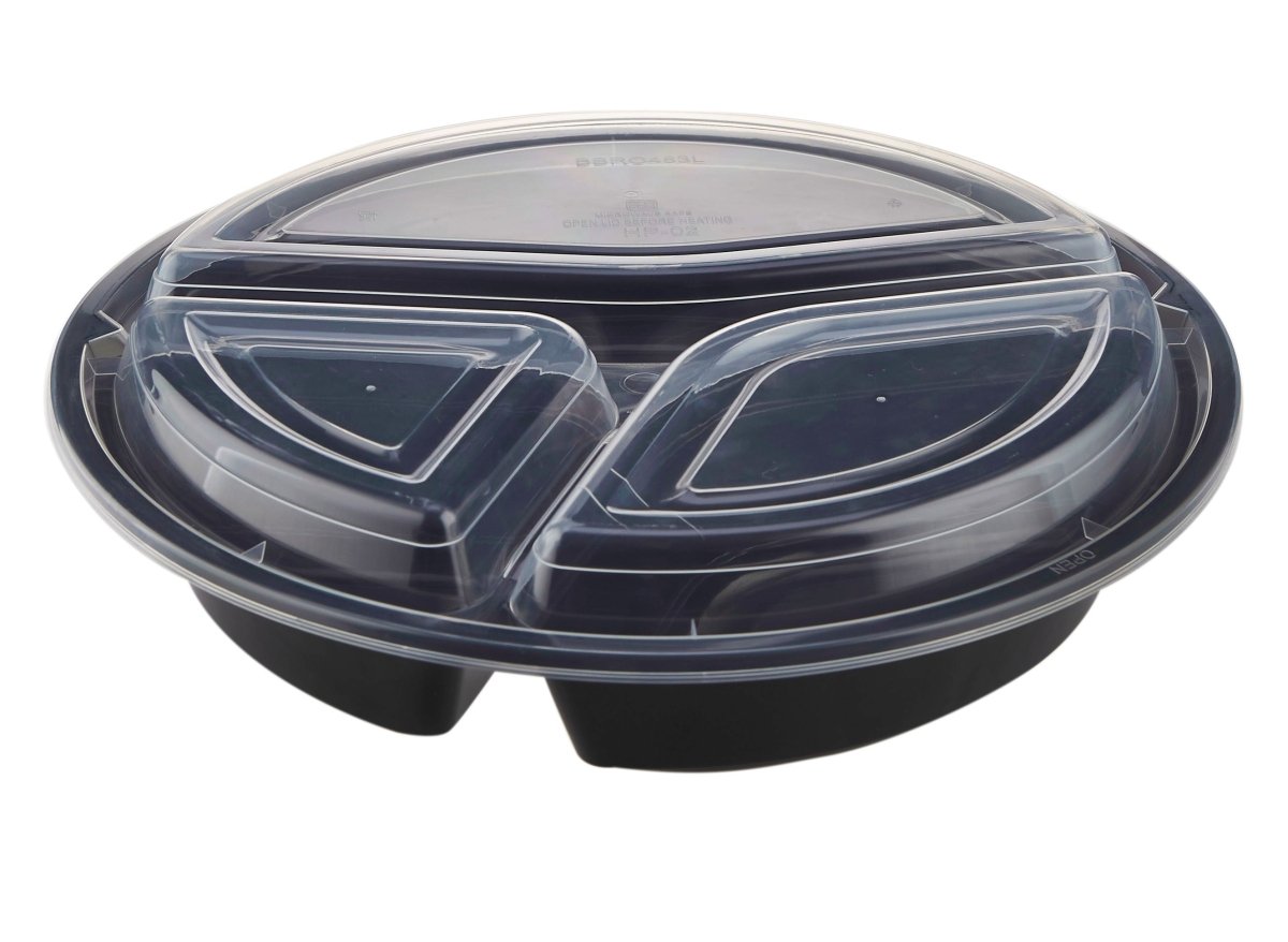 Black Base 3 - Compartment Round Container 48 oz 300 Pieces - hotpackwebstore.com - Black Base Containers