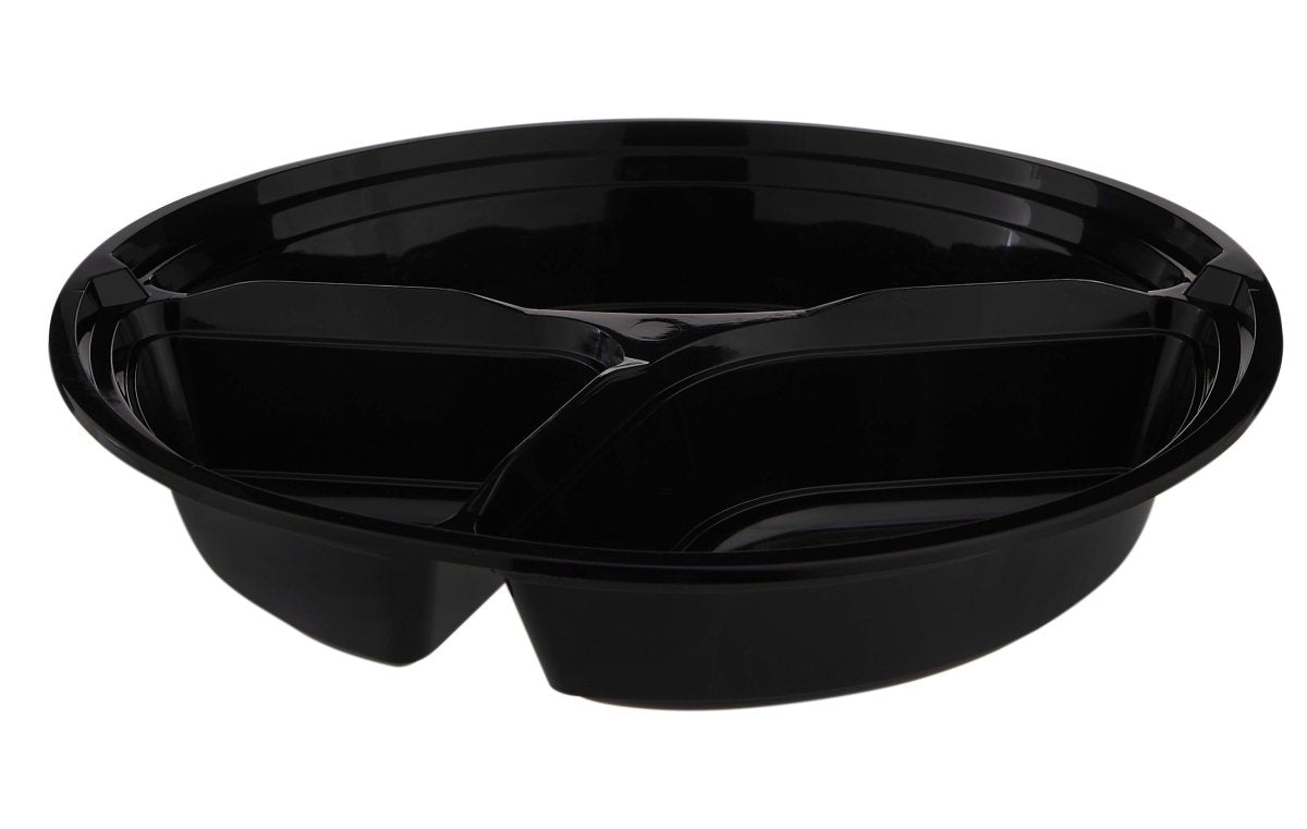 Black Base 3 - Compartment Round Container 48 oz 300 Pieces - hotpackwebstore.com - Black Base Containers