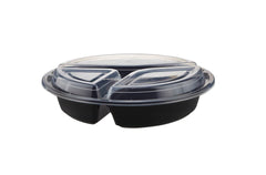 Black Base 3 - Compartment Round Container 48 oz 300 Pieces - hotpackwebstore.com - Black Base Containers