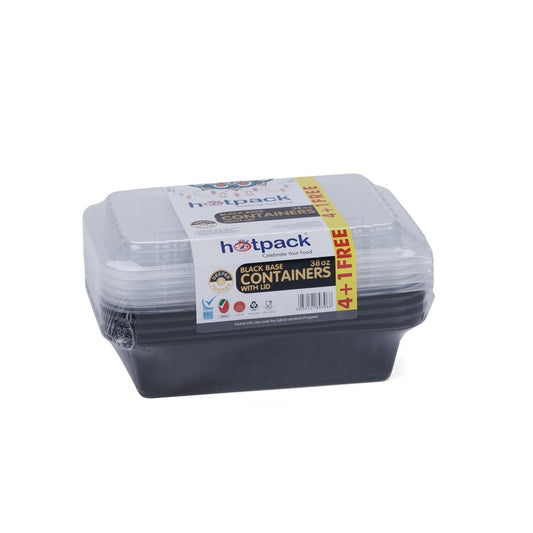 Black Base Container 38 oz with Lids 4 + 1 Free (5 Pieces) - hotpackwebstore.com - Black Base Containers