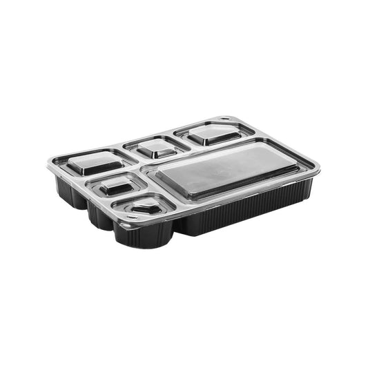 Black Base Rectangular 6 - Compartment Container + Lids 150 Pieces - hotpackwebstore.com - Black Base Containers