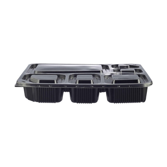 Black Base Rectangular 6 - Compartment Container + Lids 150 Pieces - hotpackwebstore.com - Black Base Containers