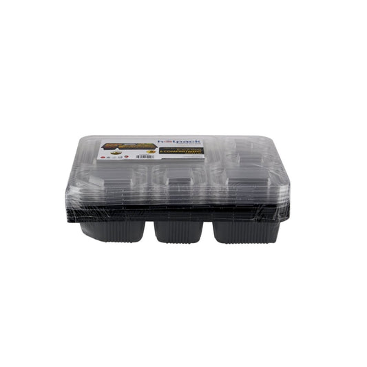 Black Base Rectangular 6 - Compartment Container With Lid 5 Pieces - hotpackwebstore.com - Black Base Containers