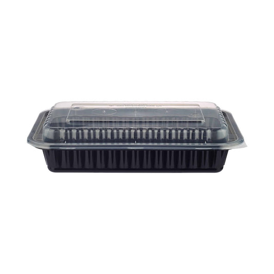 Black Base Rectangular Ribbed Container 28 oz with Lids 150 Pieces - hotpackwebstore.com - Black Base Containers