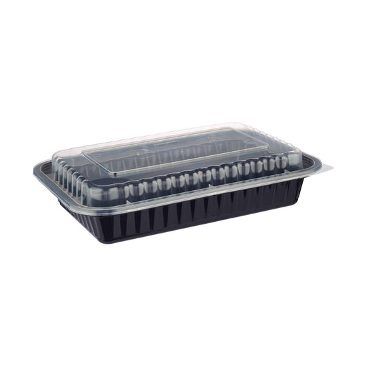 Black Base Rectangular Ribbed Container 28 oz with Lids 150 Pieces - hotpackwebstore.com - Black Base Containers