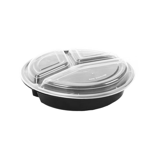 Black Base Round 3 - Compartment Container 48 oz with Lids 150 Pieces - hotpackwebstore.com - Black Base Containers