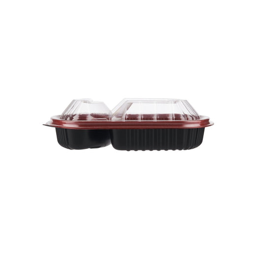 Red & Black Base Rectangular 2 - Compartment Container With Lid 250 Pieces - hotpackwebstore.com - Red And Black Base Containers