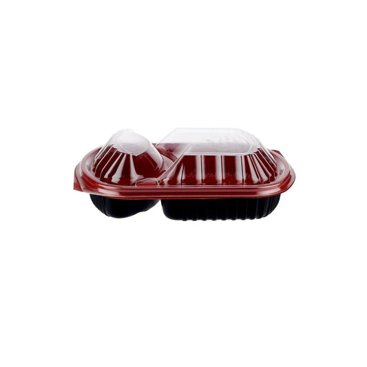 Red & Black Base Rectangular 2 - Compartment Container With Lid 250 Pieces - hotpackwebstore.com - Red And Black Base Containers