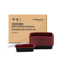 Red & Black Rectangular Container 800ml With Lid 100 pieces - hotpackwebstore.com - Red And Black Base Containers