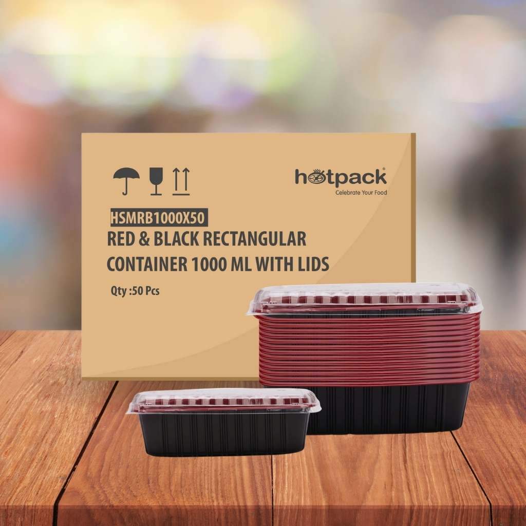 Red & Black Rectangular Meal Prep Container 1000ml + Lid 50 Set - hotpackwebstore.com - Red And Black Base Containers