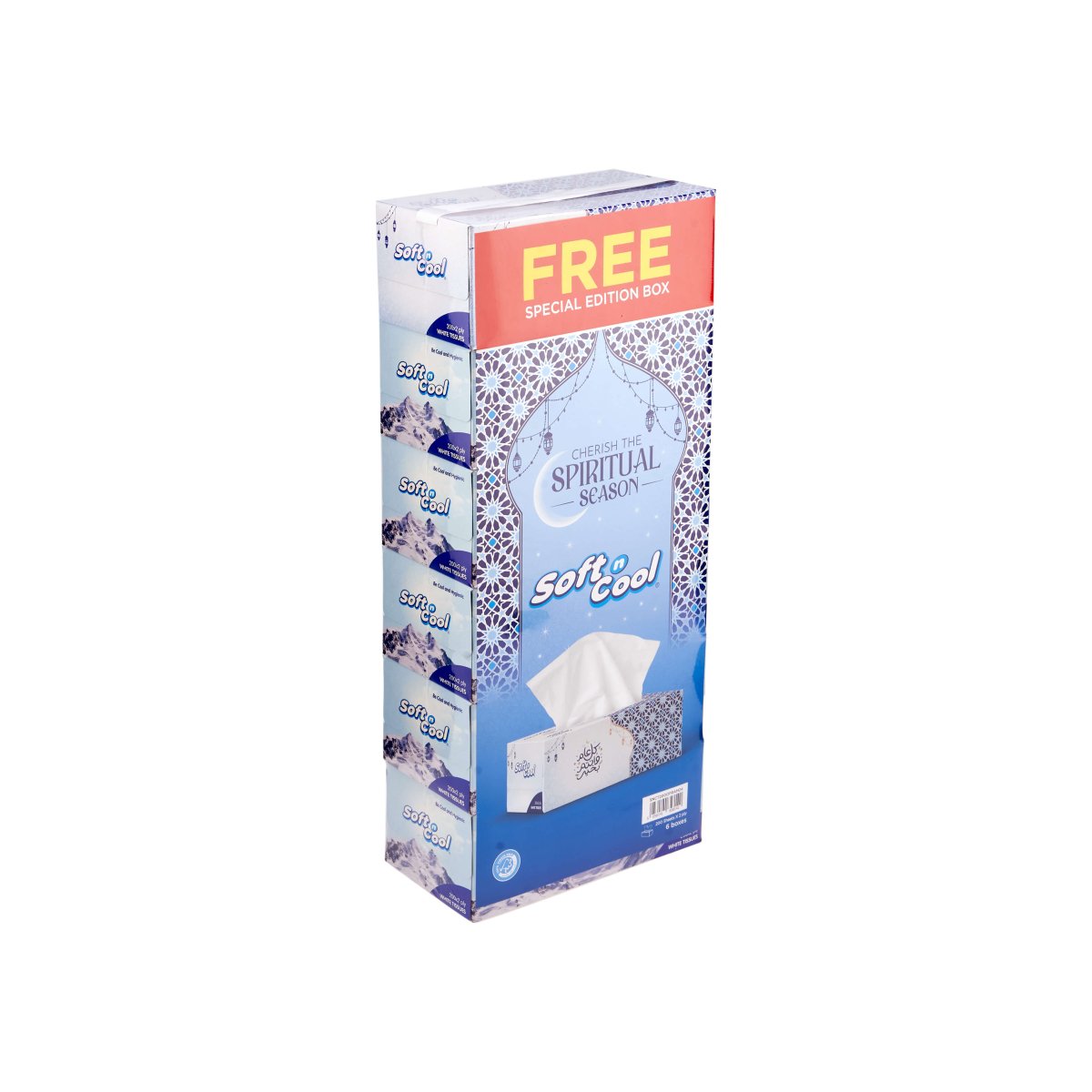 Soft n Cool 200 Sheets X 2 Ply 5 Boxes + 1 Box Free Arabic theme Facial Tissue - hotpackwebstore.com - Facial Tissue