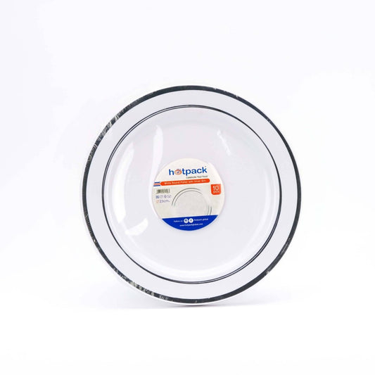 White Round Plate With Silver Rim Design 10 Pieces - hotpackwebstore.com - Plastic Products