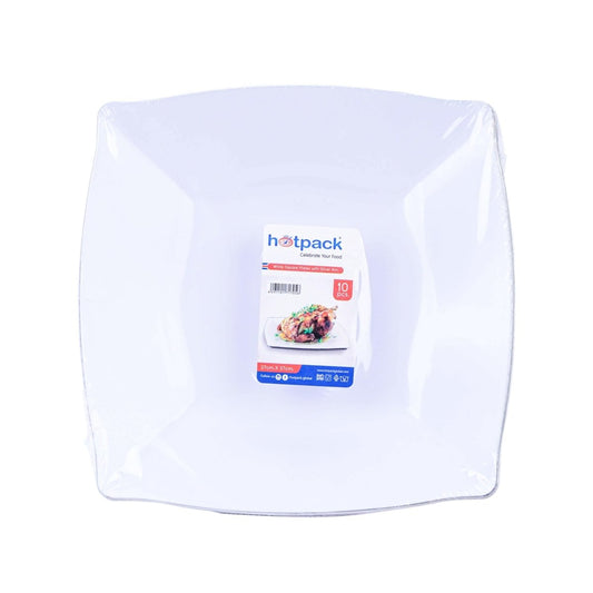 White Square Plate With Silver Rims 10 inch - hotpackwebstore.com - Plastic Products